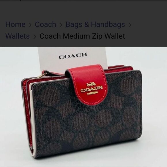 COACH SIGNATURE MEDIUM CORNER ZIP WALLET, BROWN, BLACK AND RED - NEW - Picture 1 of 12